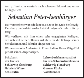 Traueranzeige von Sebastian Peter-Isenbürger von Schleswiger Nachrichten