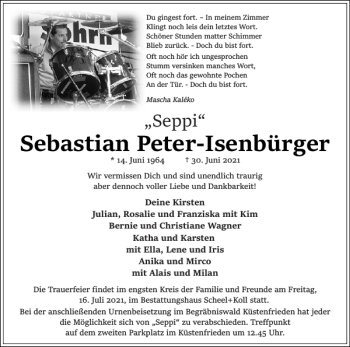 Traueranzeige von Sebastian Peter Isenbürger von Eckernförder Zeitung