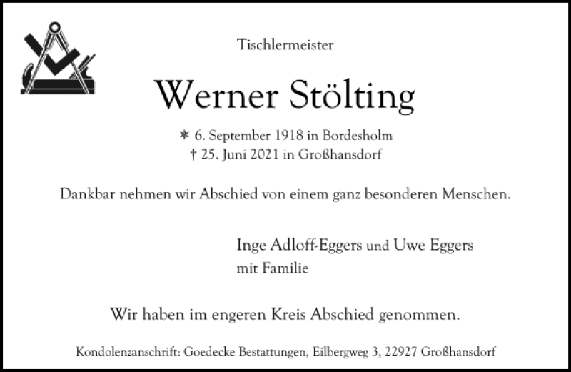  Traueranzeige für Werner Stölting vom 17.07.2021 aus Stormarner Tageblatt