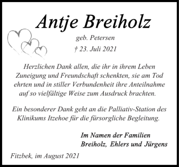 Traueranzeige von Antje Breiholz von Landeszeitung