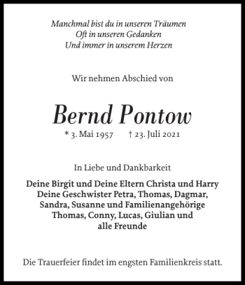 Traueranzeige von Bernd Pontow von Elmshorner Nachrichten