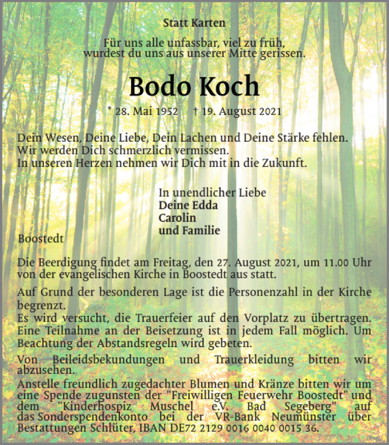  Traueranzeige für Bodo Koch vom 24.08.2021 aus Holsteinischer Courier
