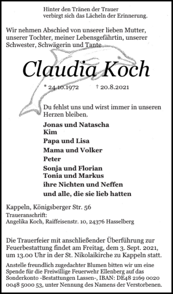  Traueranzeige für Claudia Koch vom 30.08.2021 aus Schlei-Bote
