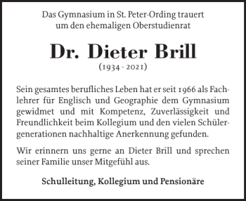 Traueranzeige von Dr. Dieter Brill von Husumer Nachrichten
