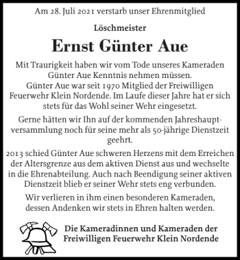 Traueranzeige von Ernst Günter Aue von Elmshorner Nachrichten