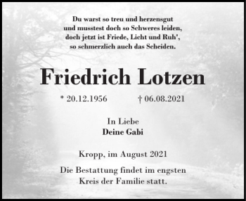 Traueranzeige von Friedrich Lotzen von Landeszeitung
