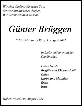Traueranzeige von Günter Brüggen von Landeszeitung