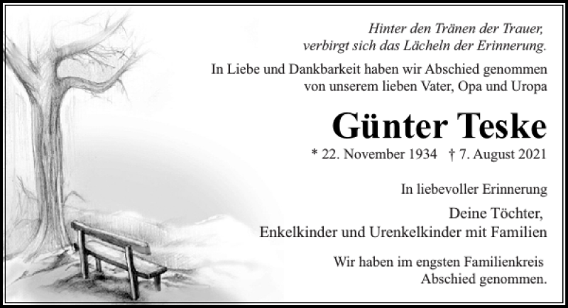  Traueranzeige für Günter Teske vom 14.08.2021 aus Stormarner Tageblatt