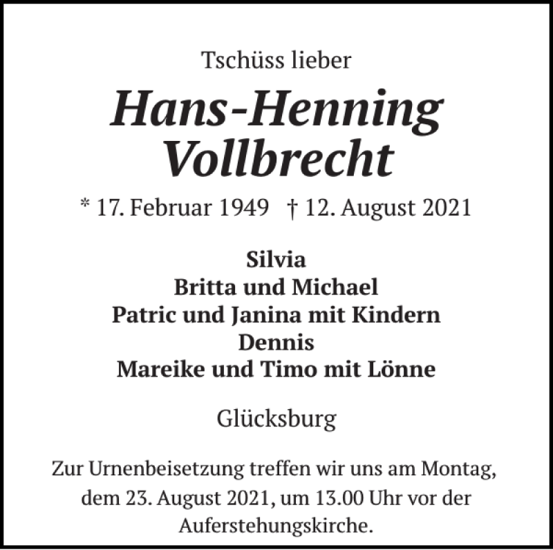  Traueranzeige für Hans-Henning Vollbrecht vom 21.08.2021 aus Flensburger Tageblatt