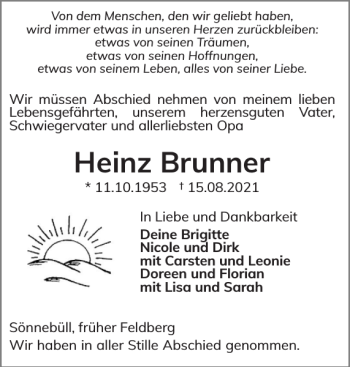 Traueranzeige von Heinz Brunner von Husumer Nachrichten