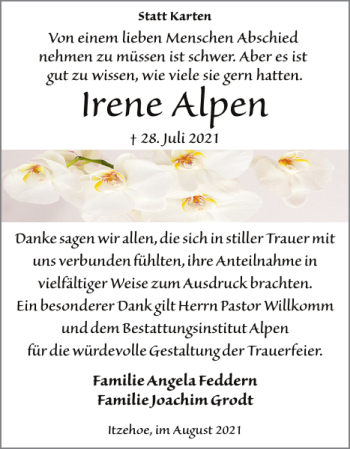 Traueranzeige von Irene Alpen von Norddeutsche Rundschau