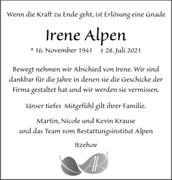Traueranzeige von Irene Alpen von Norddeutsche Rundschau