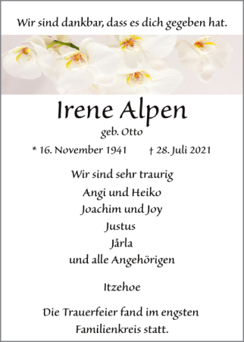 Traueranzeige von Irene Alpen von Norddeutsche Rundschau