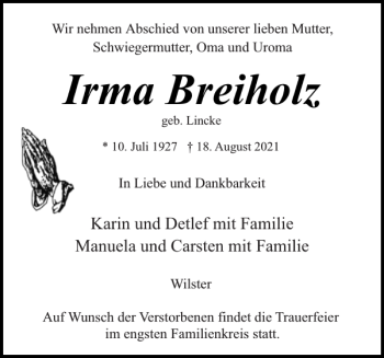 Traueranzeige von Irma Breiholz von Norddeutsche Rundschau