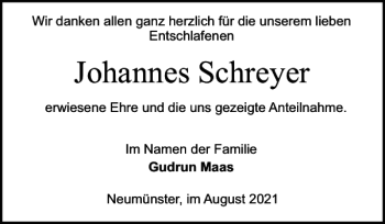 Traueranzeige von Johannes Schreyer von Holsteinischer Courier