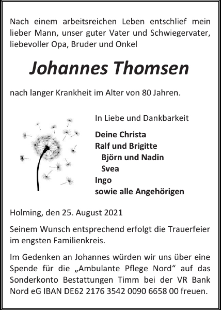  Traueranzeige für Johannes Thomsen vom 31.08.2021 aus Flensburger Tageblatt