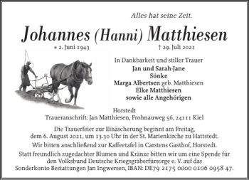 Traueranzeige von Johannes Hanni Matthiesen von Husumer Nachrichten