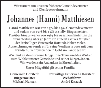 Traueranzeige von Johannes Hanni Matthiesen von Husumer Nachrichten