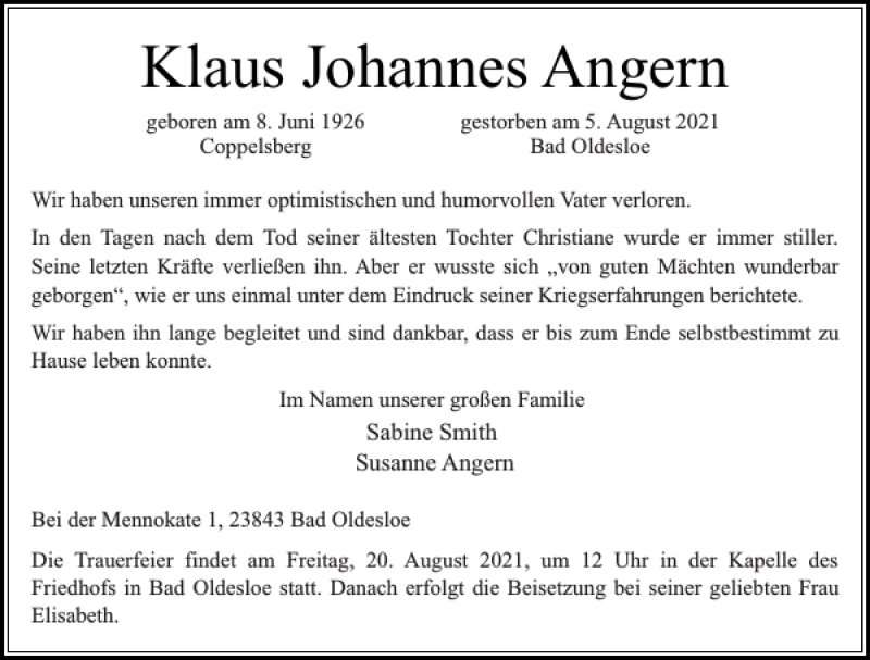  Traueranzeige für Klaus Johannes Angern vom 14.08.2021 aus Stormarner Tageblatt