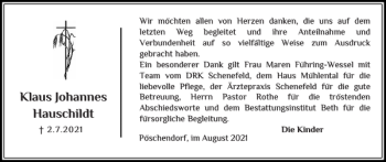 Traueranzeige von Klaus Johannes Hauschildt von Norddeutsche Rundschau