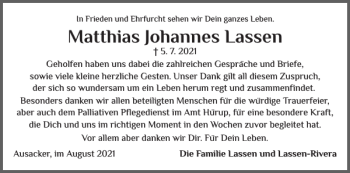 Traueranzeige von Matthias Johannes von Flensburger Tageblatt
