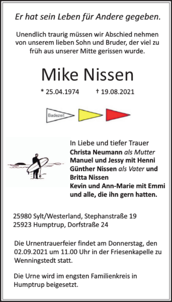  Traueranzeige für Mike Nissen vom 31.08.2021 aus Sylter Rundschau