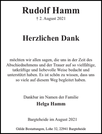 Traueranzeige von Rudolf Hamm von Stormarner Tageblatt