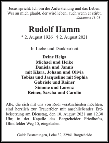 Traueranzeige von Rudolf Hamm von Stormarner Tageblatt
