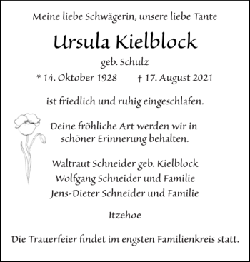 Traueranzeige von Ursula Kielblock von Norddeutsche Rundschau