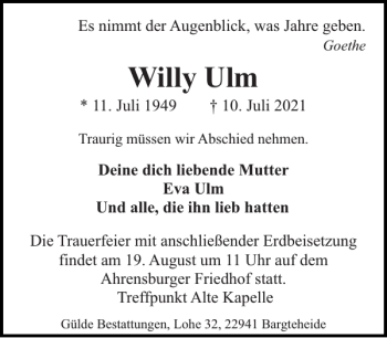 Traueranzeige von Willy Ulm von Stormarner Tageblatt
