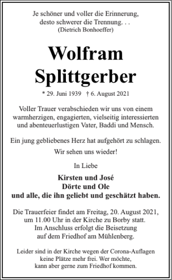 Traueranzeige von Wolfram Splittgerber von Eckernförder Zeitung