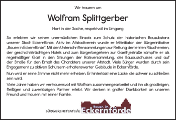 Traueranzeige von Wolfram Splittgerber von Eckernförder Zeitung