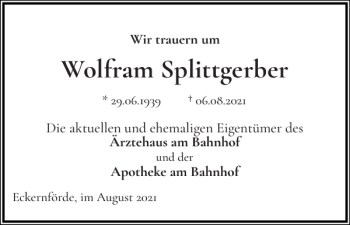 Traueranzeige von Wolfram Splittgerber von Eckernförder Zeitung