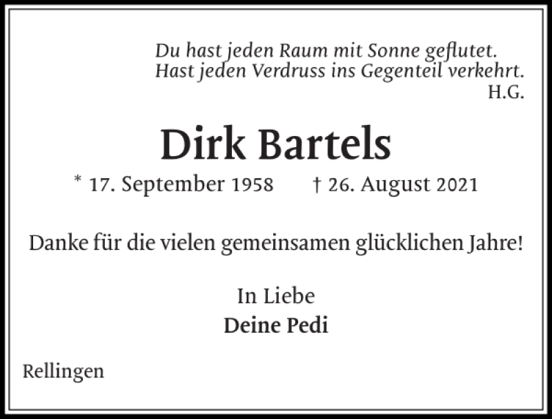  Traueranzeige für Dirk Bartels vom 04.09.2021 aus Pinneberger Tageblatt