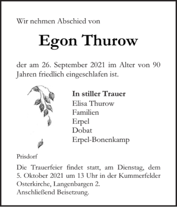 Traueranzeige von Egon Thurow von Pinneberger Tageblatt