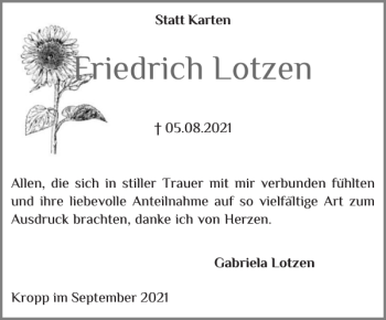 Traueranzeige von Friedrich Lotzen von Schleswiger Nachrichten