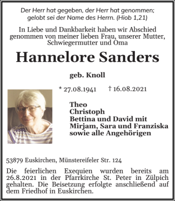 Traueranzeige von Hannelore Sanders von Flensburger Tageblatt