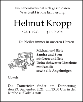 Traueranzeige von Helmut Kropp von Landeszeitung