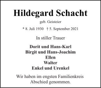 Traueranzeige von Hildegard Schacht von Stormarner Tageblatt