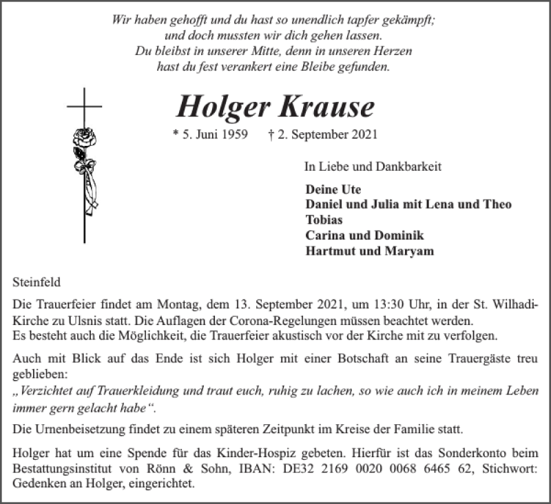  Traueranzeige für Holger Krause vom 07.09.2021 aus Schleswiger Nachrichten