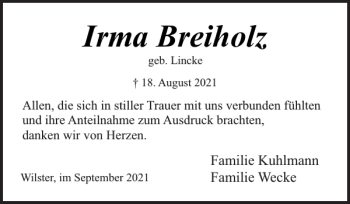 Traueranzeige von Irma Breiholz von Norddeutsche Rundschau