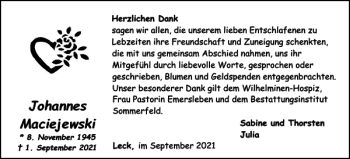 Traueranzeige von Johannes Maciejewski von Flensburger Tageblatt
