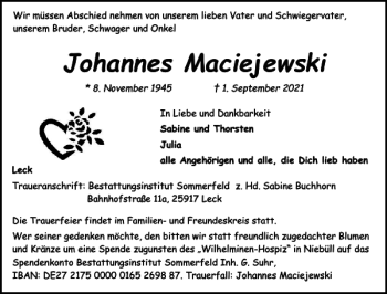Traueranzeige von Johannes Maciejewski von Flensburger Tageblatt