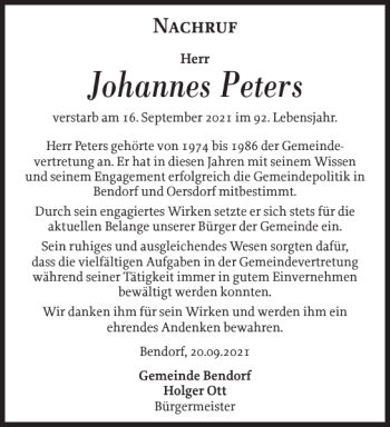 Traueranzeige von Johannes Peters von Landeszeitung