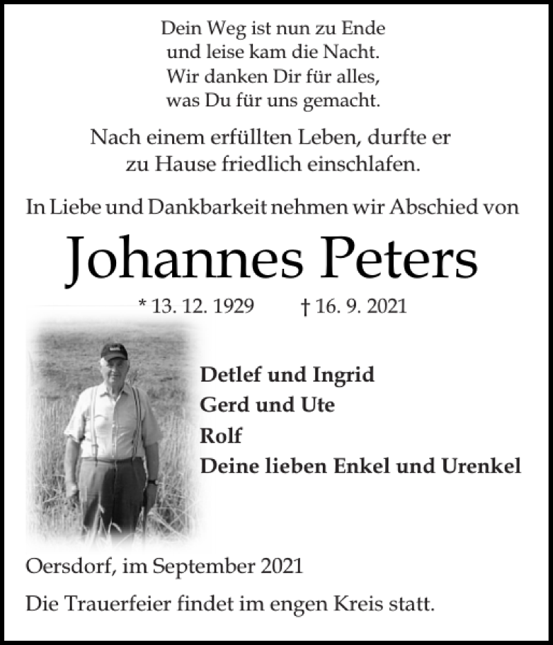  Traueranzeige für Johannes Peters vom 21.09.2021 aus Landeszeitung