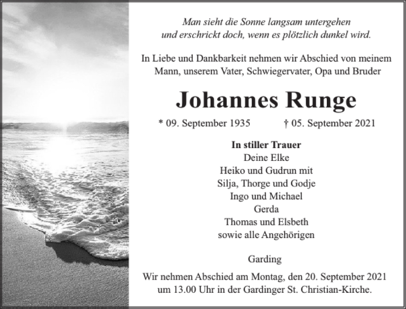  Traueranzeige für Johannes Runge vom 10.09.2021 aus Husumer Nachrichten