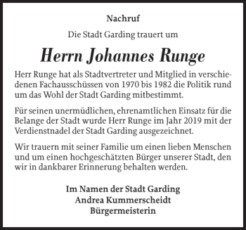 Traueranzeige von Johannes Runge von Husumer Nachrichten