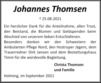 Traueranzeige von Johannes Thomsen von Flensburger Tageblatt