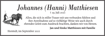 Traueranzeige von Johannes Hanni Matthiesen von Husumer Nachrichten