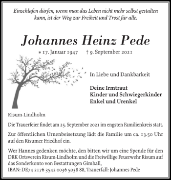 Traueranzeige von Johannes Heinz Pede von Nordfriesland Tageblatt